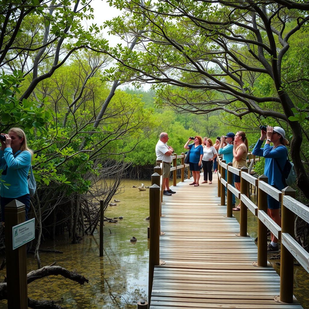 Wooden boardwalk winding through mangrove forest with observation platform, visitors looking at wildlife through binoculars, lush green mangroves on both sides, educational signs visible, natural lighting