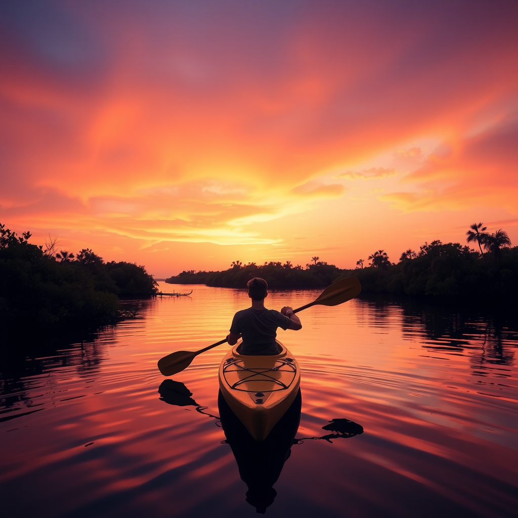 Solo kayaker floating peacefully in open water surrounded by mangroves at sunset, paddle resting across kayak, person looking at spectacular orange and purple sky, silhouetted mangroves creating natural frame, serene and contemplative atmosphere