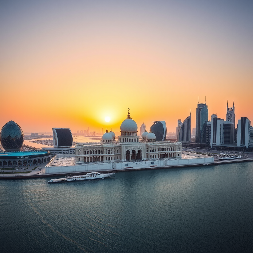 Stunning panoramic view of Abu Dhabi skyline featuring the majestic Qasr Al Watan Presidential Palace with its white domes and intricate Islamic architecture against a golden sunset sky, surrounded by modern skyscrapers and waterfront
