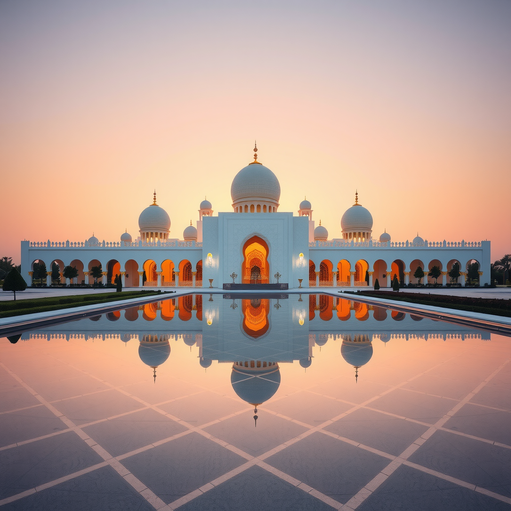 Majestic view of Qasr Al Watan Presidential Palace in Abu Dhabi with its stunning white architecture, golden domes, and intricate Islamic geometric patterns reflecting in the surrounding water features at sunset