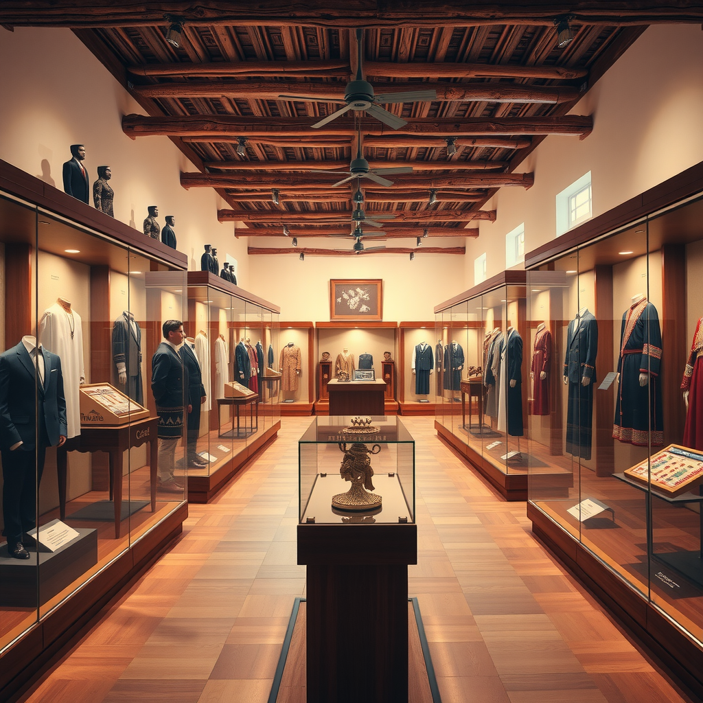 Interior of a traditional Emirati museum showcasing historical artifacts, traditional clothing, and cultural displays in warm lighting with wooden display cases