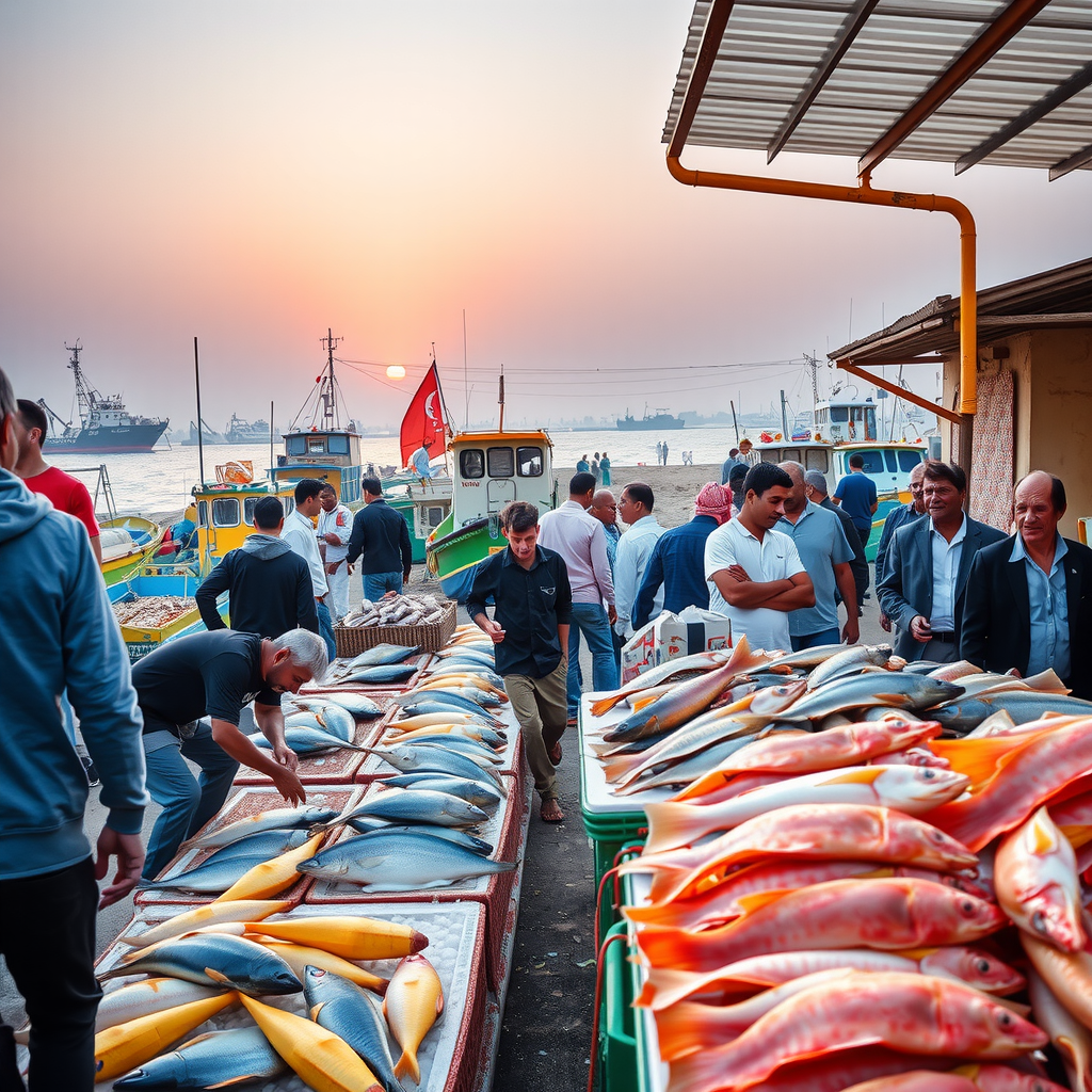 Bustling Al Mina Fish Market in Abu Dhabi at dawn with fishermen unloading fresh catches, colorful fishing boats in the background, and traditional market stalls displaying various seafood on ice under morning light