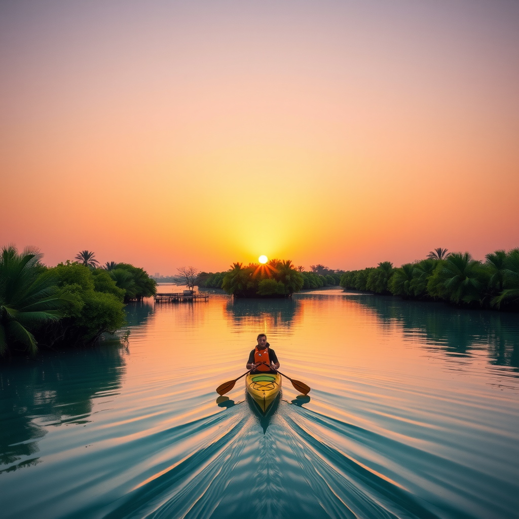 Golden hour sunset over Abu Dhabi's Eastern Mangrove National Park with kayakers paddling through serene turquoise waters surrounded by lush green mangrove trees, warm orange and pink sky reflecting on calm water surface