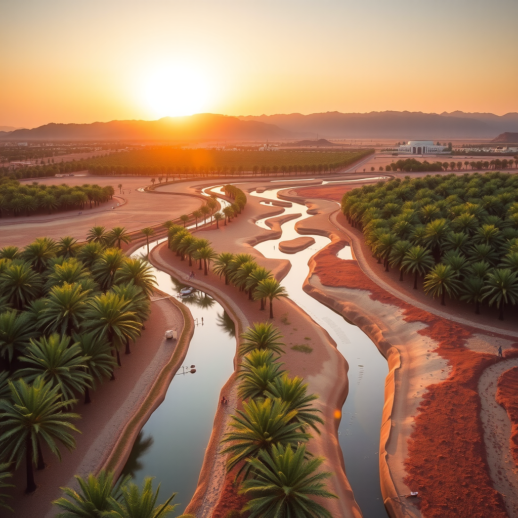 Aerial view of Al Ain Oasis showing traditional falaj irrigation channels winding through lush date palm groves with the Hajar Mountains in the background under golden sunset light