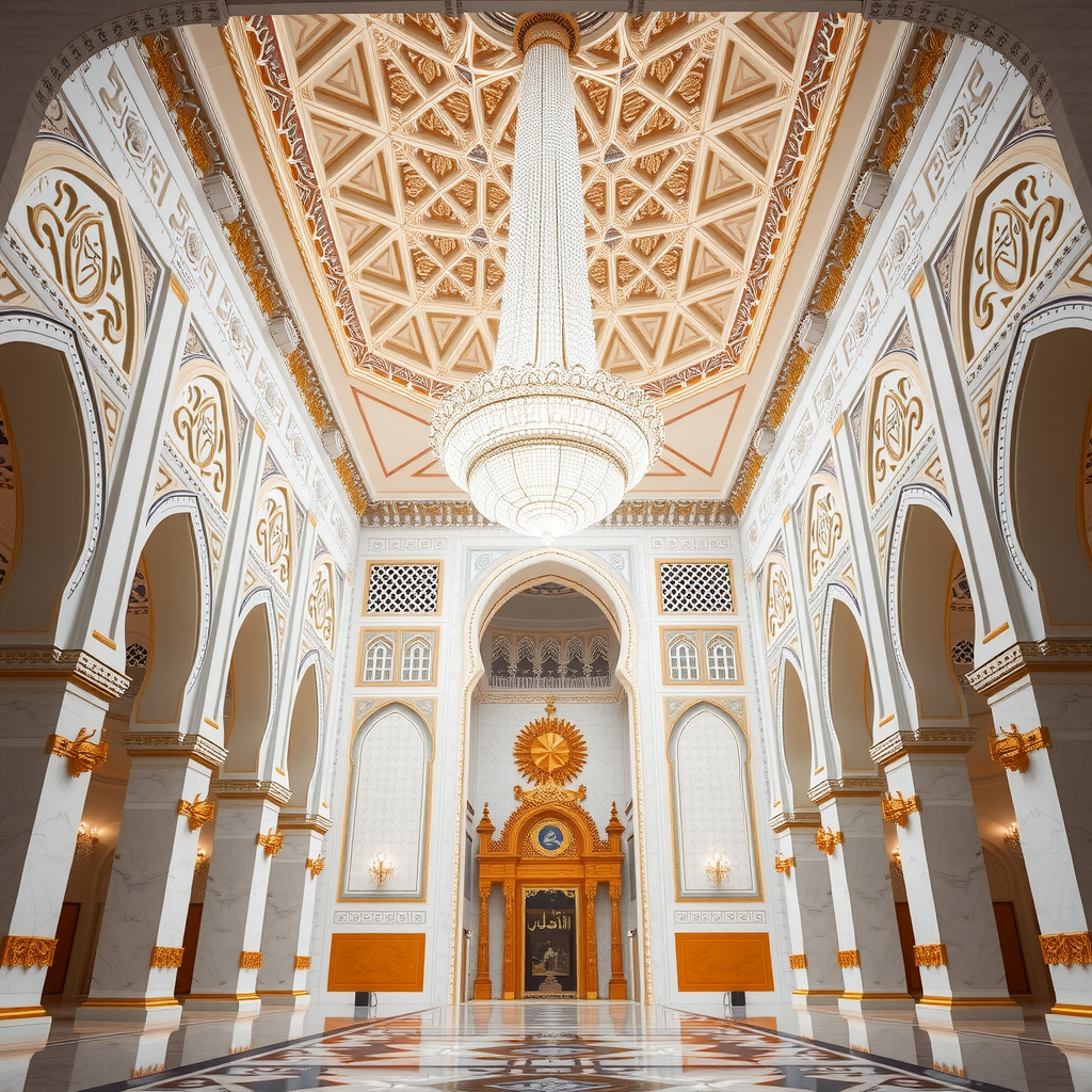 Breathtaking interior view of Qasr Al Watan Presidential Palace showing the magnificent Great Hall with its enormous crystal chandelier, intricate Islamic geometric patterns on walls and ceiling, white marble columns, and golden decorative elements reflecting traditional Emirati craftsmanship