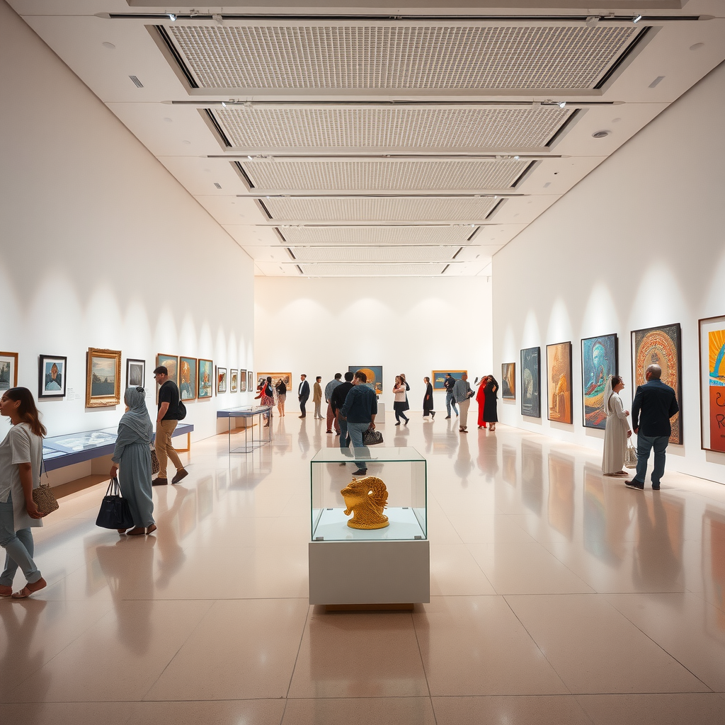 Contemporary museum gallery space in Abu Dhabi showcasing Emirati art collections with modern lighting, cultural exhibits, and visitors exploring interactive displays