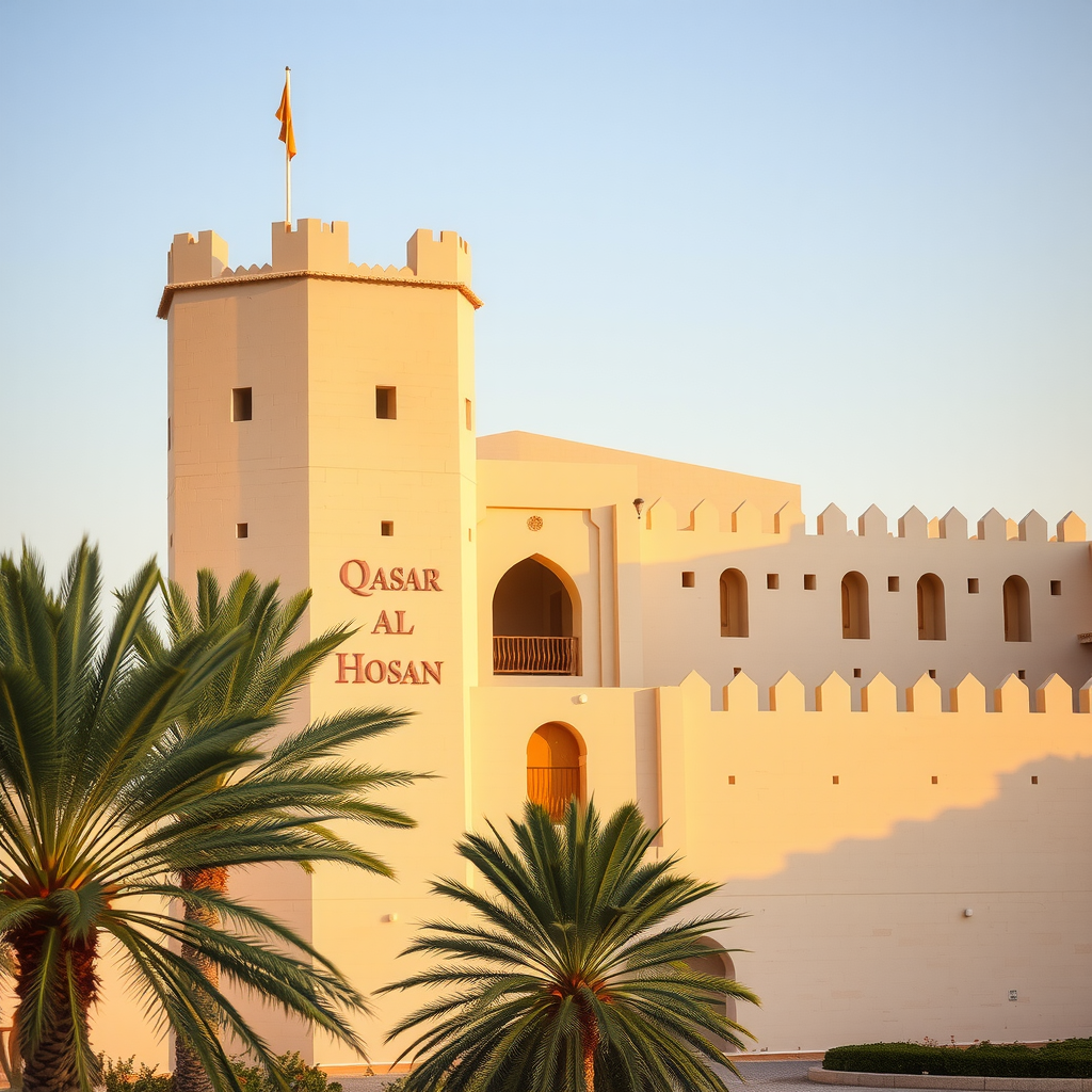 Exterior view of Qasr Al Hosn fort with its distinctive white stone walls, traditional watchtowers, and courtyard, photographed during golden hour with palm trees in foreground