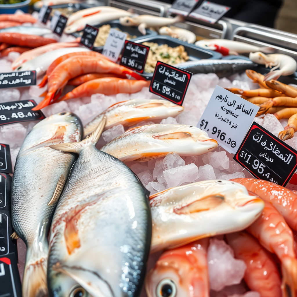 Close-up of fresh fish and seafood displayed on ice at Al Mina Fish Market, showing various species including hammour, kingfish, and prawns with price tags in Arabic and English