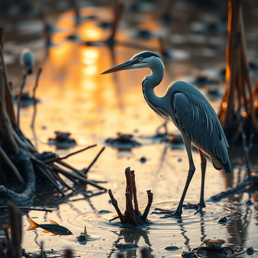 Close-up view of a grey heron standing among mangrove roots at sunset, with small crabs visible on the muddy banks and fish swimming in shallow turquoise water, warm golden light illuminating the scene
