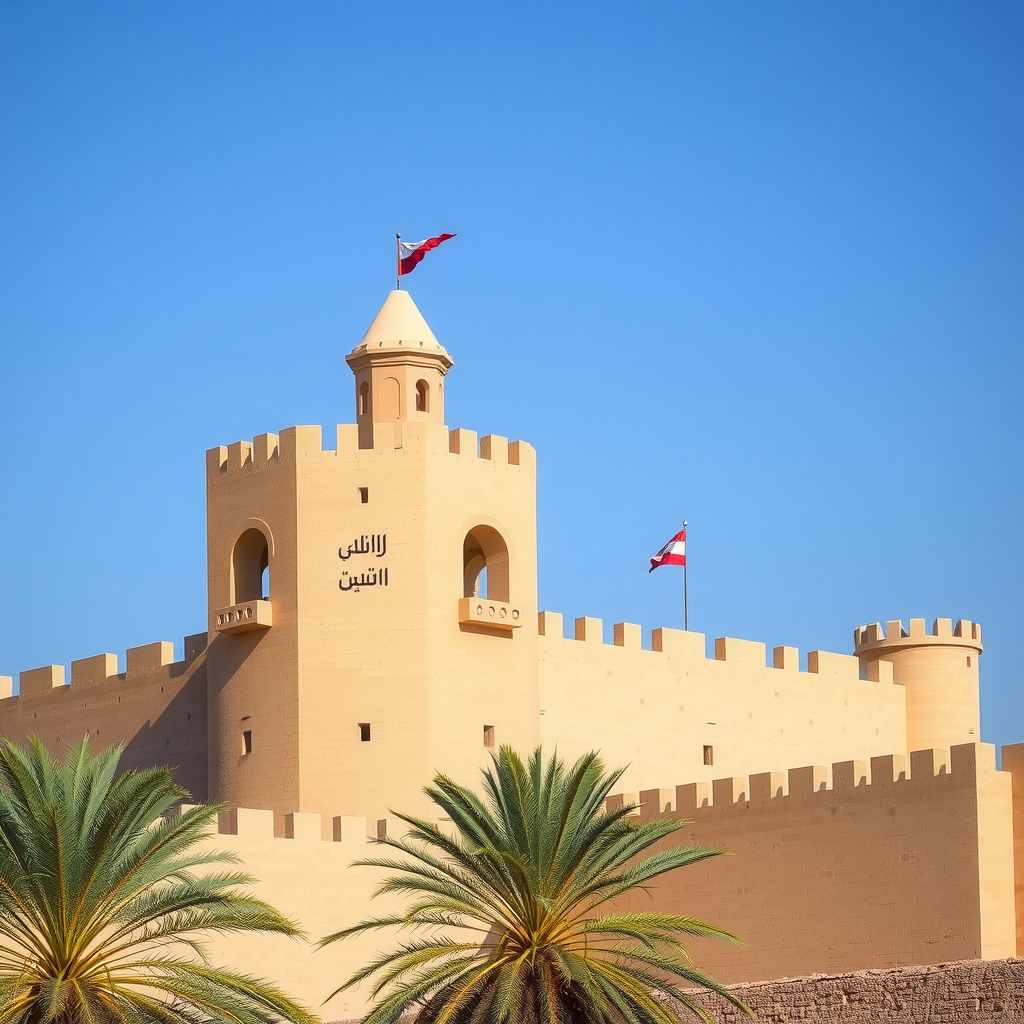 Traditional Emirati fort architecture in Al Ain showing restored mud-brick walls, wind towers, and defensive structures against clear blue sky with palm trees in foreground