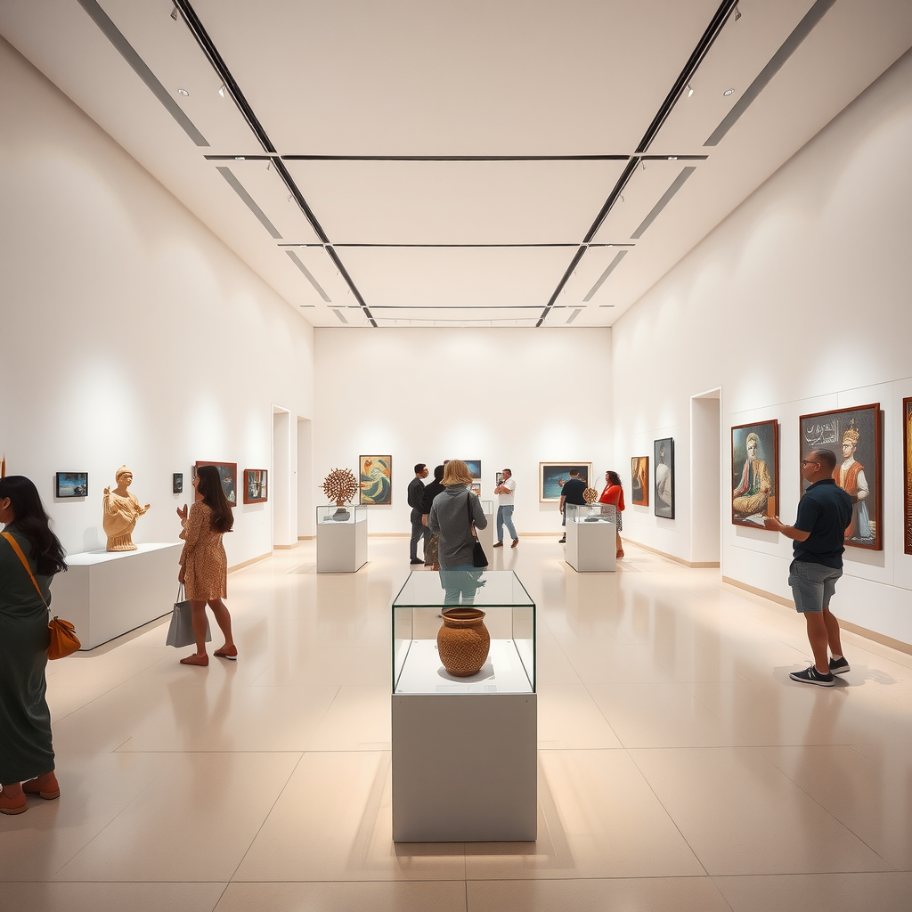 Elegant museum gallery interior in Abu Dhabi showcasing contemporary Emirati art exhibitions, with modern lighting, white walls, cultural artifacts displayed in glass cases, and visitors admiring traditional and modern artworks