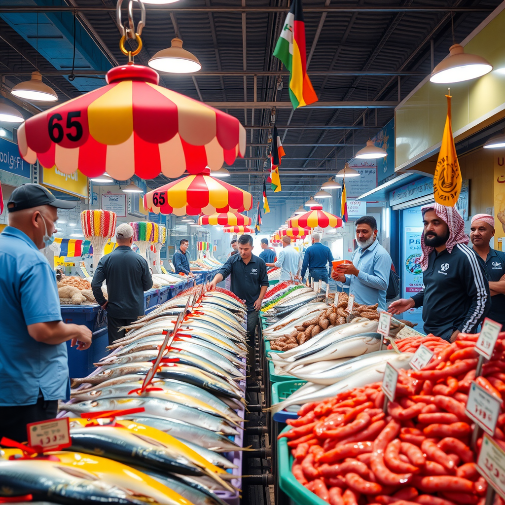 Vibrant Al Mina fish market scene showing fresh catches of the day, local fishermen, colorful seafood displays, and authentic Emirati breakfast spots in Abu Dhabi