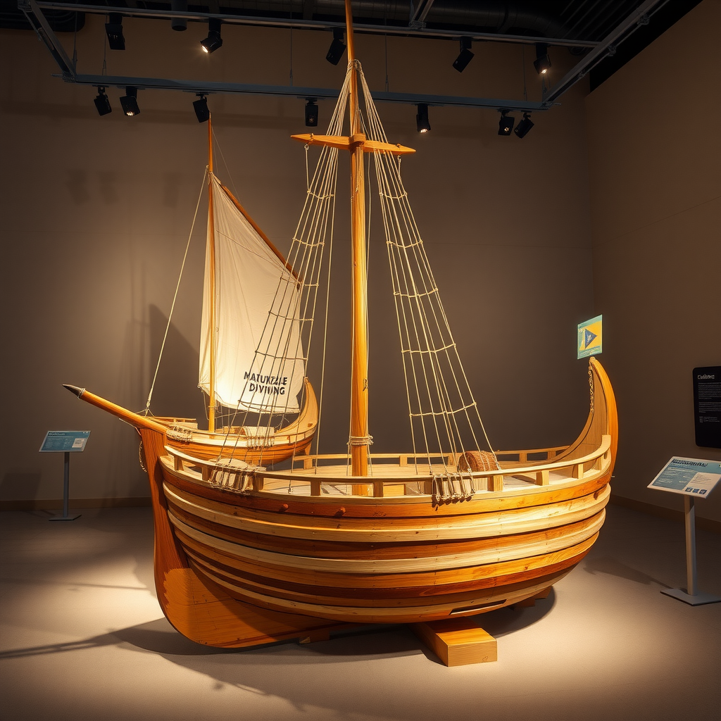 Traditional wooden dhow boat on display inside museum with authentic rigging, sails, and pearl diving equipment, illuminated by spotlights against neutral walls