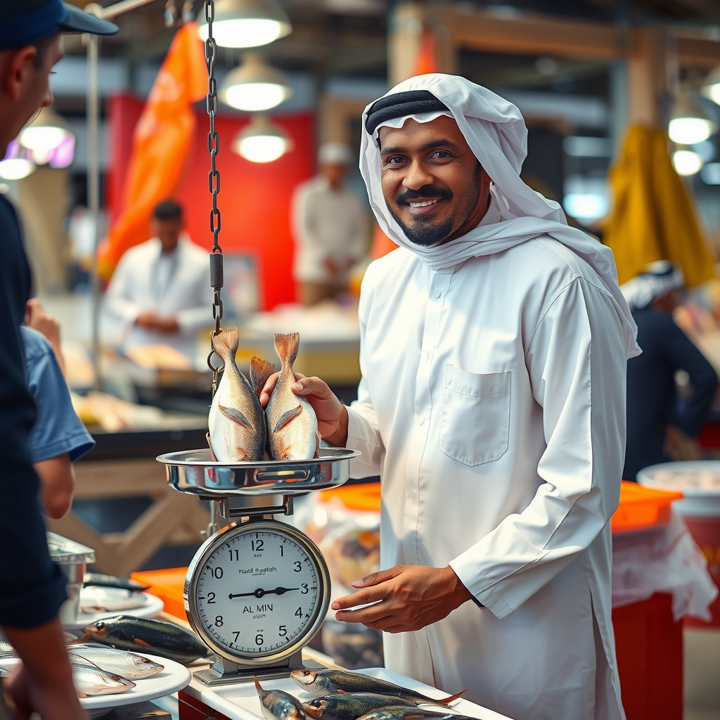 Friendly Emirati fish vendor in traditional white kandura weighing fresh catch for customers at Al Mina Fish Market, with scales and traditional market atmosphere