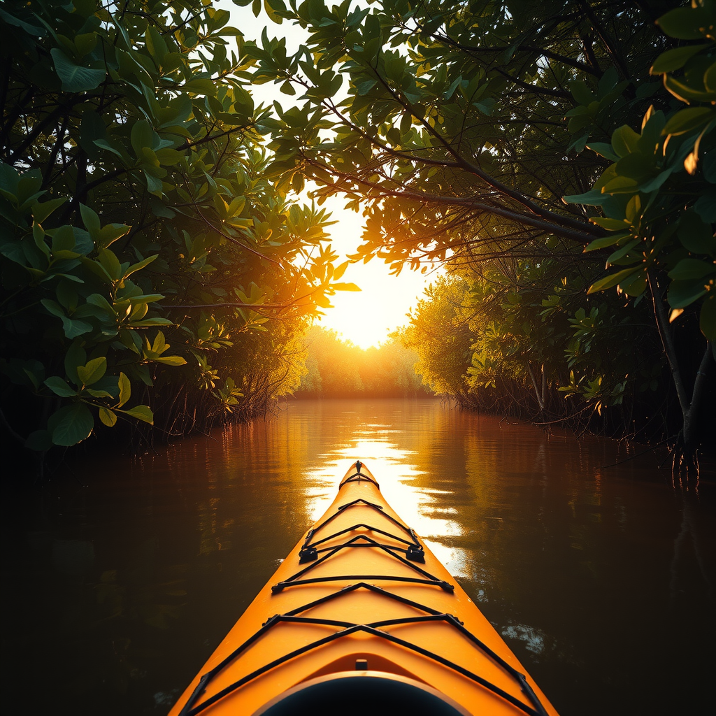 Kayaker's perspective paddling through narrow mangrove channel with dense green foliage on both sides creating a natural tunnel, golden sunset light filtering through leaves, calm reflective water surface