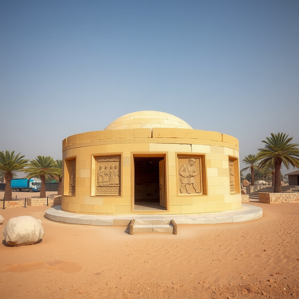 Ancient circular stone tomb structure at Hili Archaeological Park with carved reliefs, surrounded by desert landscape and date palms, showing Bronze Age architecture