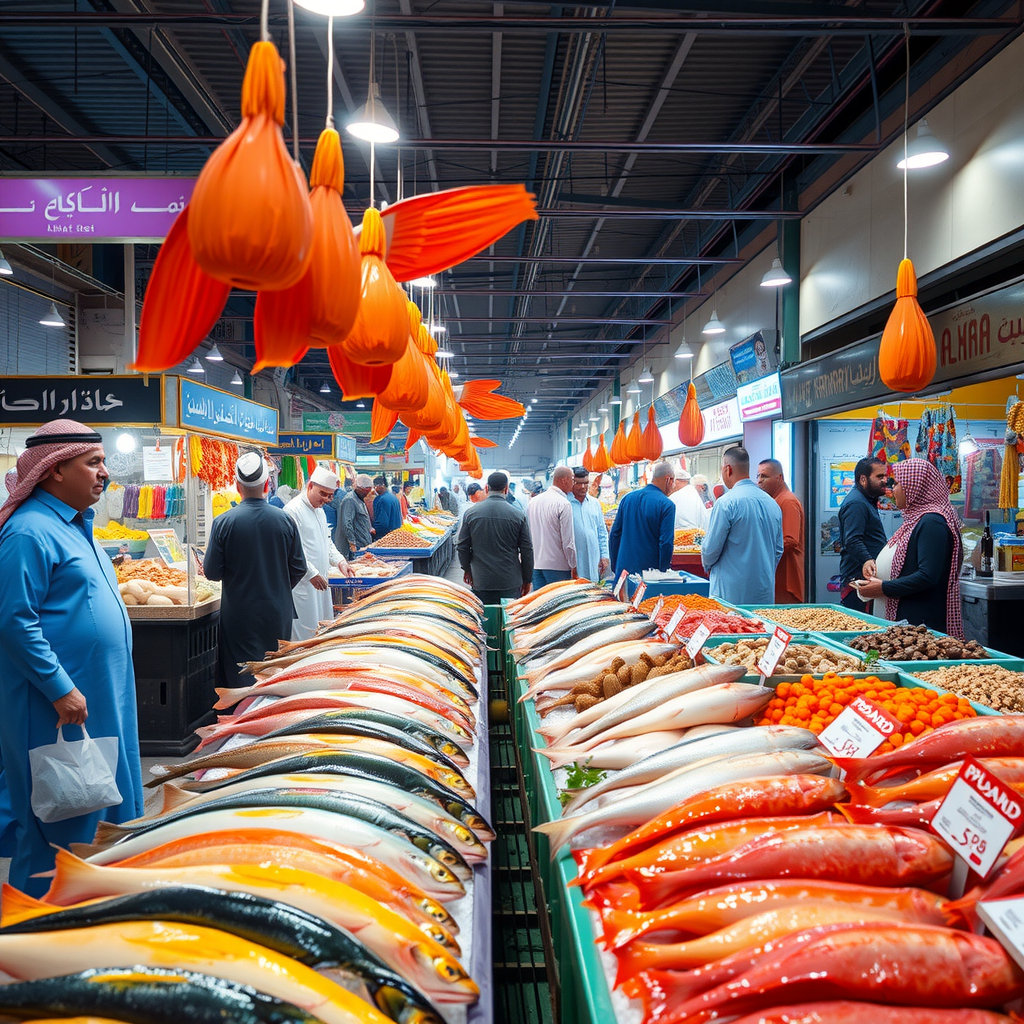 Vibrant Al Mina Fish Market scene with fresh seafood displays, colorful fish on ice, local vendors in traditional dress, bustling morning atmosphere, and authentic Emirati breakfast stalls with aromatic spices and traditional dishes