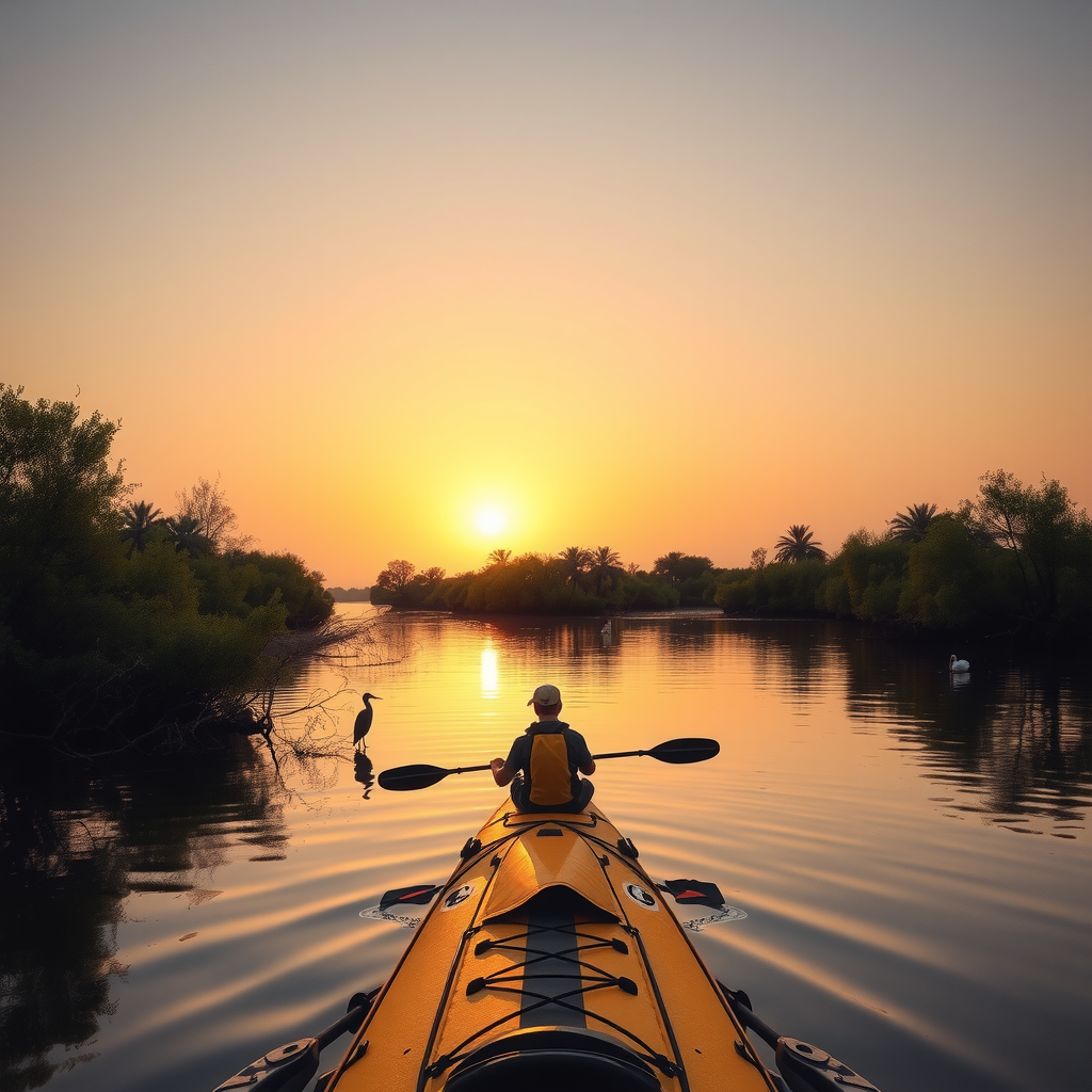 Serene sunset kayaking scene in Abu Dhabi's Eastern Mangrove National Park with golden hour lighting, dense mangrove trees, herons, and peaceful waterways