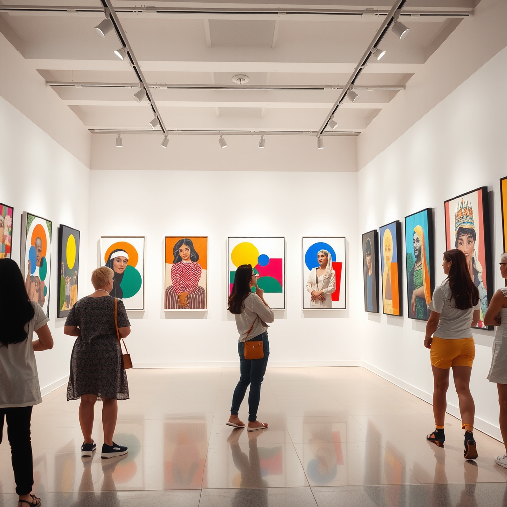 Contemporary art gallery interior with modern Emirati paintings on white walls, track lighting, and visitors viewing colorful abstract and figurative artworks