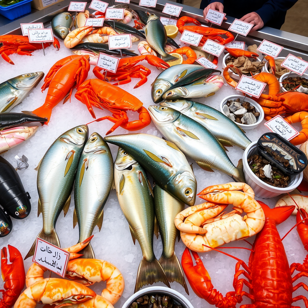 Wide variety of Arabian Gulf seafood at Al Mina including hammour, kingfish, emperor fish, prawns, crabs, and lobsters arranged on ice with traditional Arabic labels