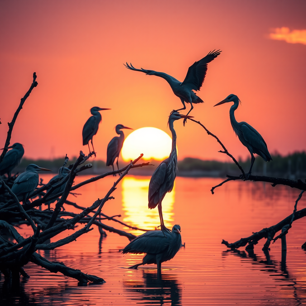 Multiple grey herons perched on mangrove branches and roots at sunset, silhouetted against orange and pink sky, with one heron catching a fish in shallow water, dramatic golden hour lighting