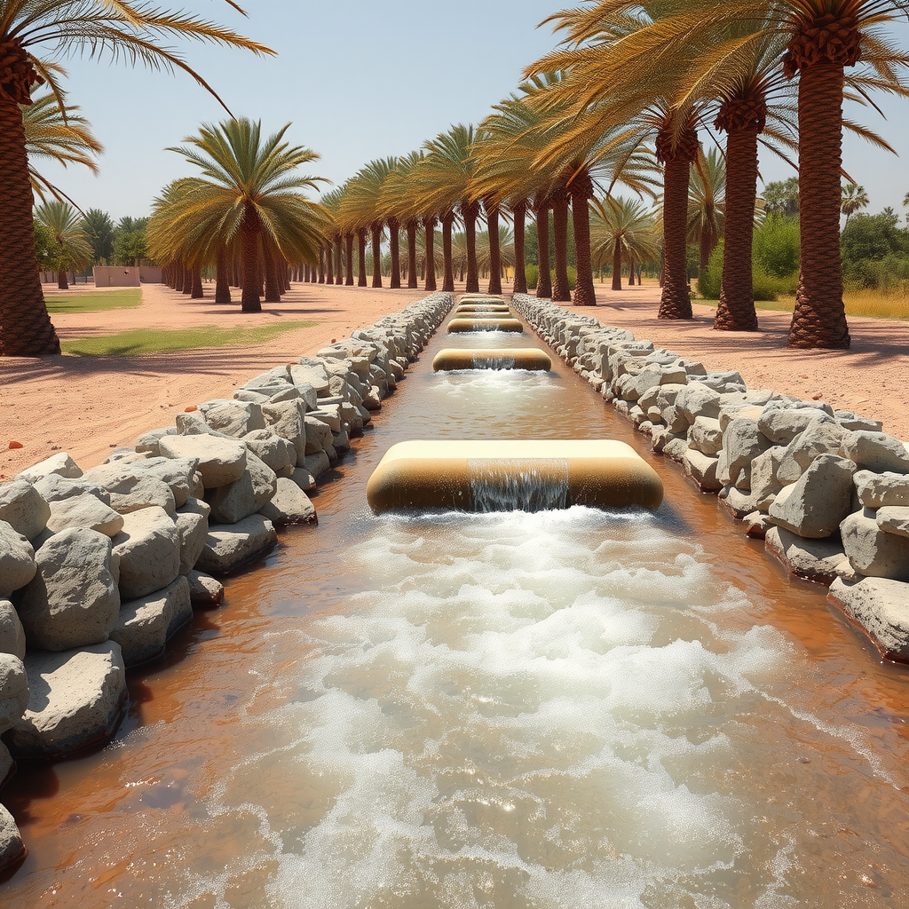 Traditional falaj irrigation channel with flowing water running through Al Ain Oasis, showing stone-lined waterway surrounded by date palms and traditional agriculture