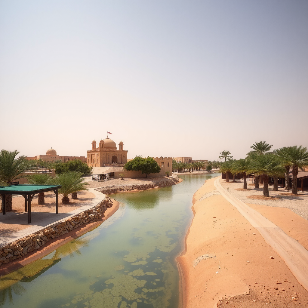Al Ain UNESCO World Heritage sites showcasing traditional aflaj water channels, ancient archaeological ruins, historic stone forts, and lush date palm oases in desert setting