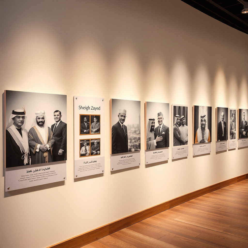 Museum exhibition wall displaying historical black and white photographs of Sheikh Zayed with traditional Emirati leaders, mounted on elegant panels with descriptive plaques and ambient lighting
