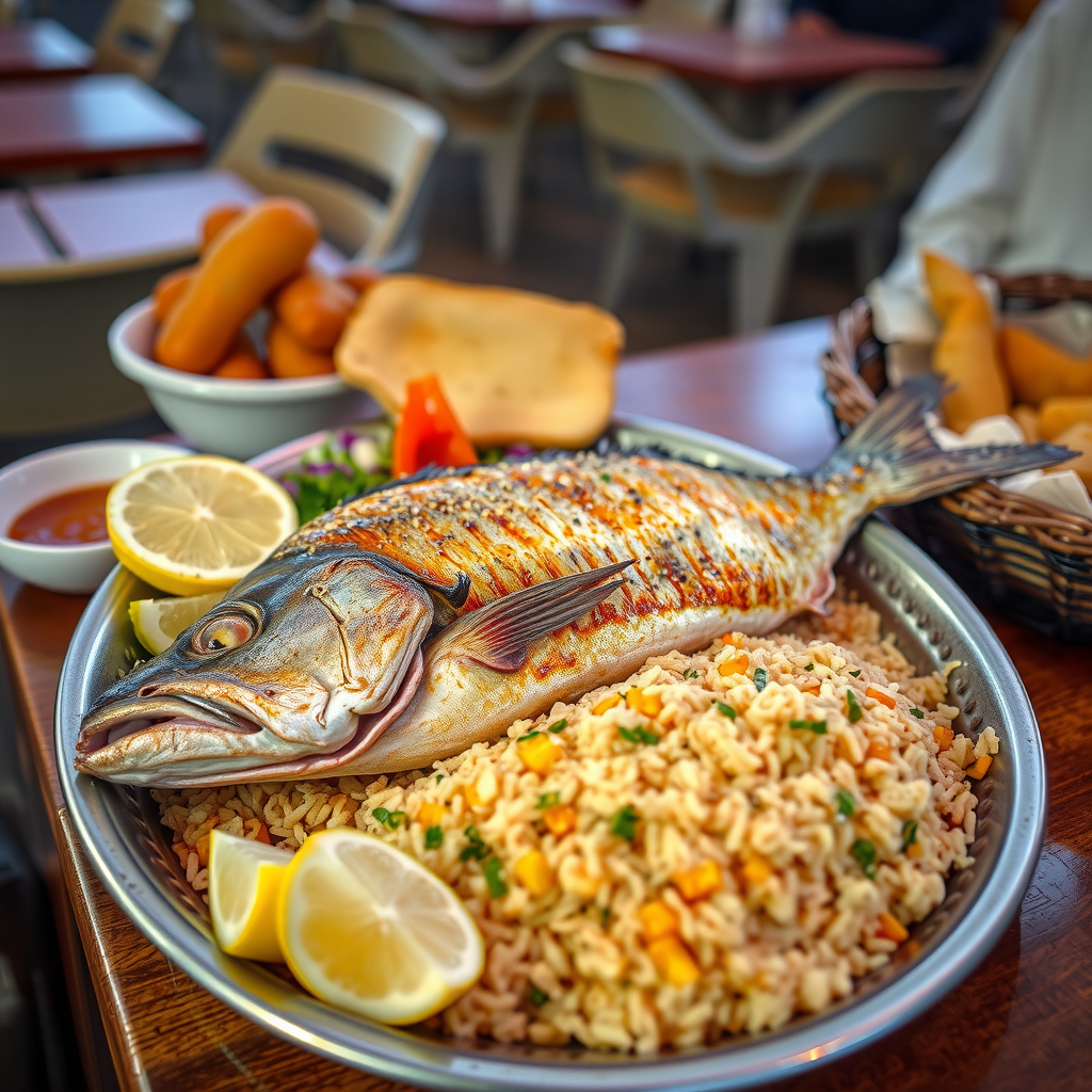 Traditional Emirati grilled fish meal served on a large platter with fragrant rice, fresh salad, lemon wedges, and Arabic bread in a local restaurant near Al Mina Fish Market