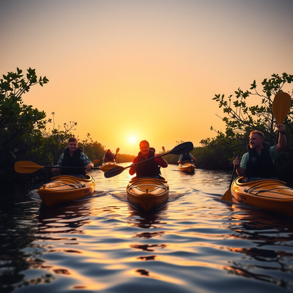 Small group of kayakers with guide paddling through mangroves at sunset, wearing life jackets and using stable touring kayaks, guide pointing out wildlife, warm golden light illuminating the scene