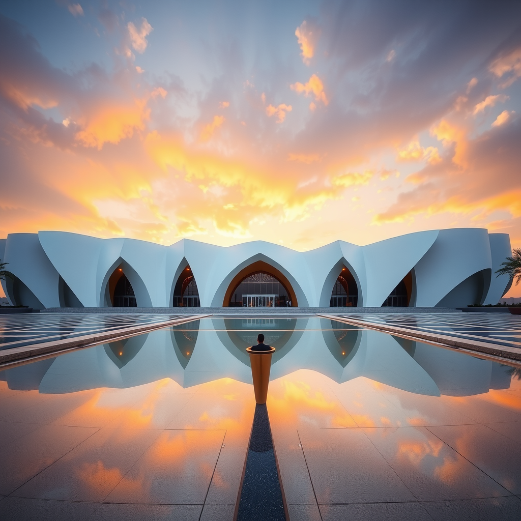 Exterior view of Etihad Museum's distinctive modern architecture with white angular structures resembling manuscript pages, reflecting pool in foreground, photographed at sunset with dramatic sky