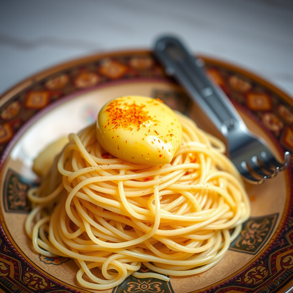 Traditional Emirati balaleet dish - sweet vermicelli noodles topped with savory omelet, garnished with cardamom and saffron, served on traditional Arabic plate