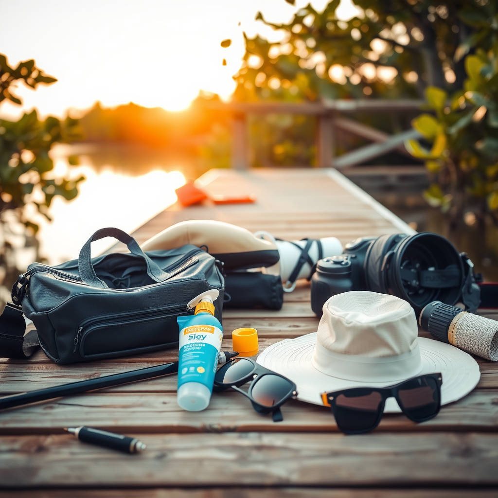 Kayaking equipment laid out including waterproof bag, water bottle, camera in waterproof case, sunscreen, hat, and sunglasses on wooden dock with mangroves in background, golden hour lighting