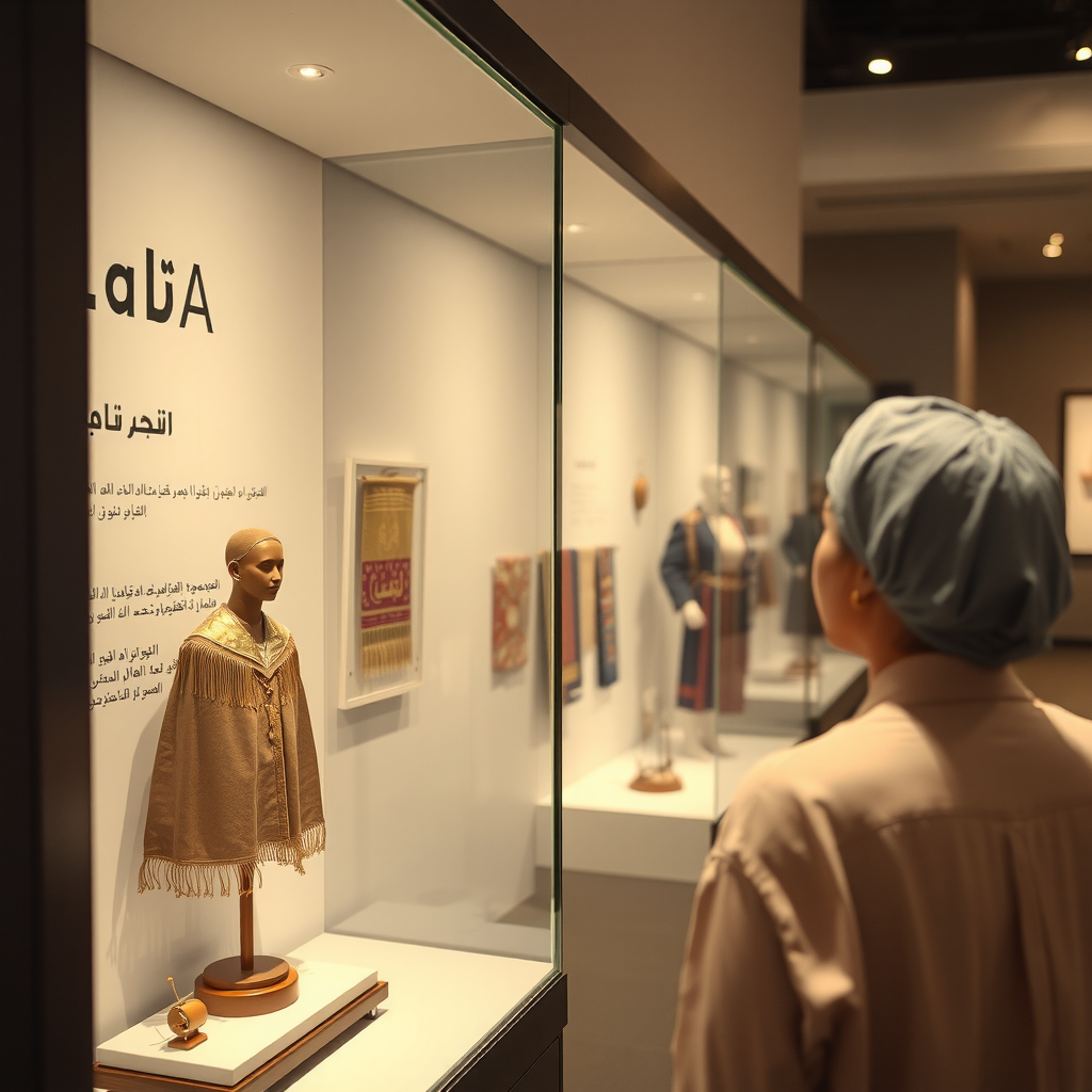 Museum visitor examining traditional Emirati artifacts in glass display case, soft museum lighting, person shown from behind looking at detailed cultural objects and textiles