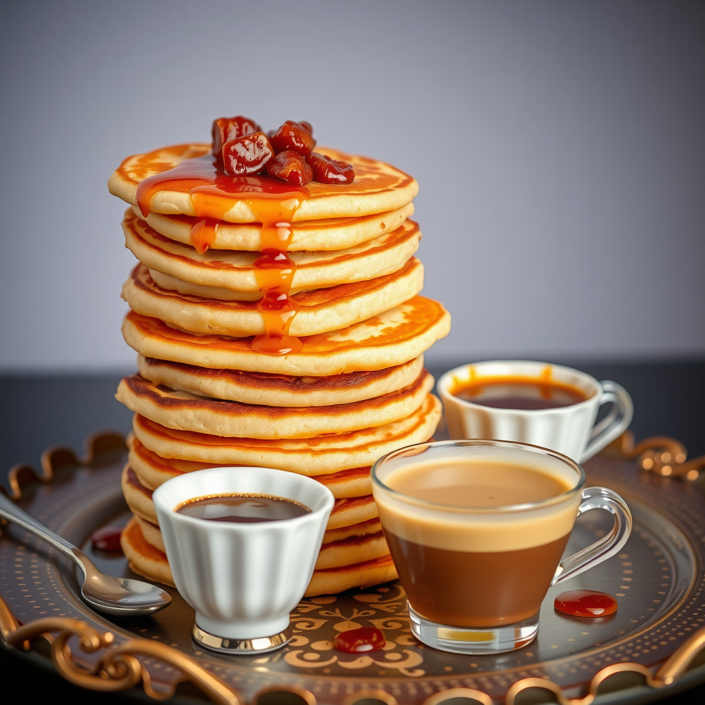 Stack of traditional Emirati chebab pancakes drizzled with date syrup and served with Arabic coffee in small cups on decorative tray