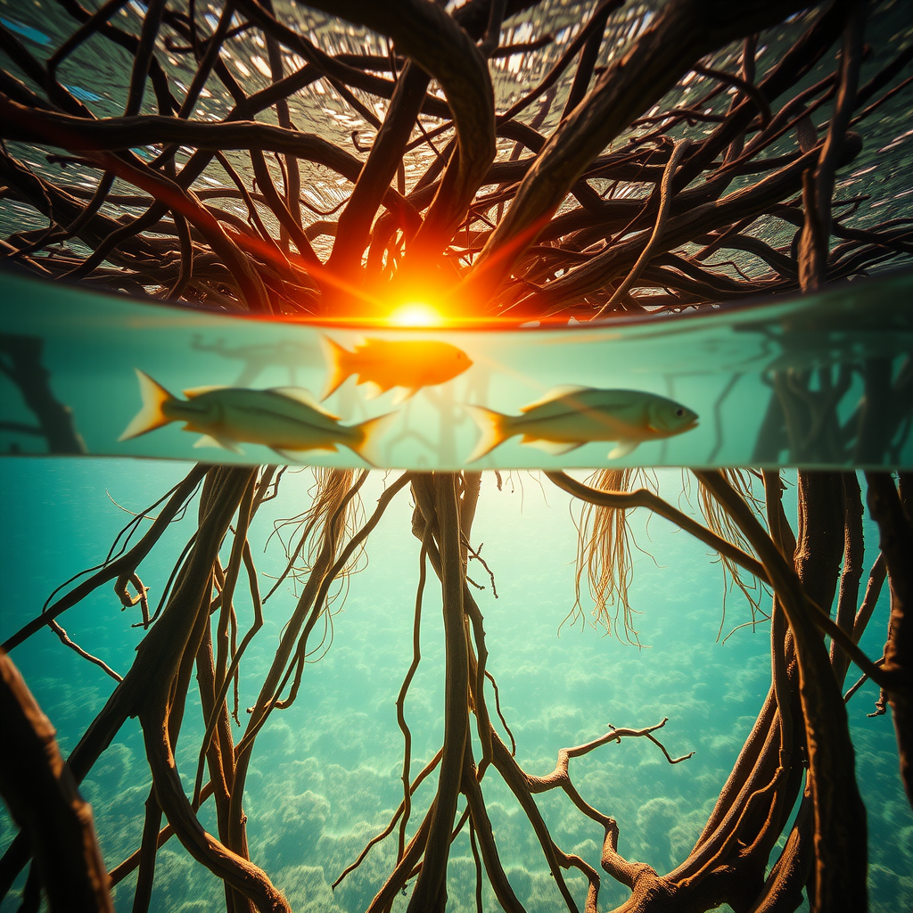 Detailed close-up of intricate mangrove root system underwater and above water, showing complex network of aerial roots, small fish swimming between roots, clear turquoise water, golden sunset light filtering through