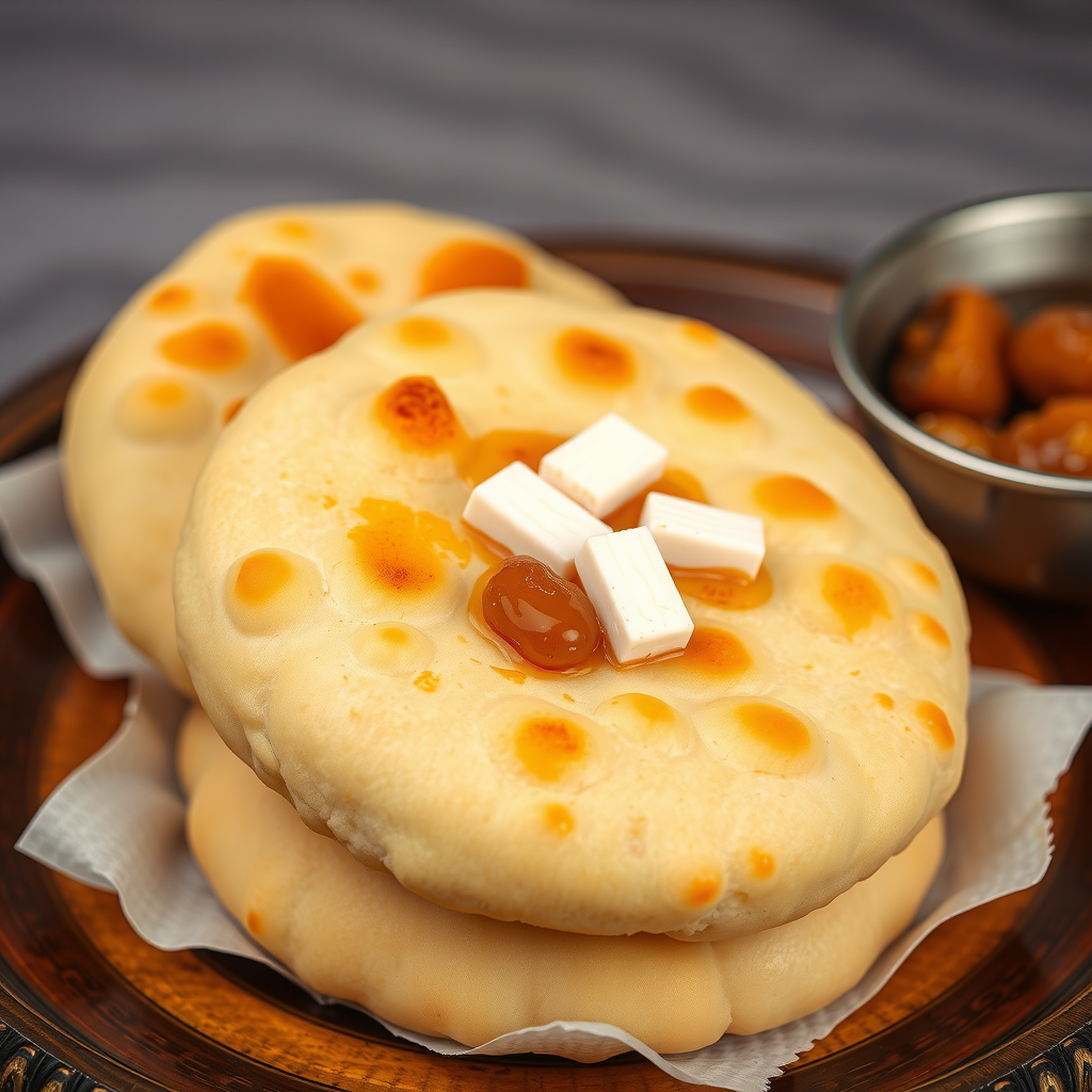Traditional Emirati khameer bread - round, fluffy flatbread with golden surface, served warm with date syrup and white cheese on traditional serving plate
