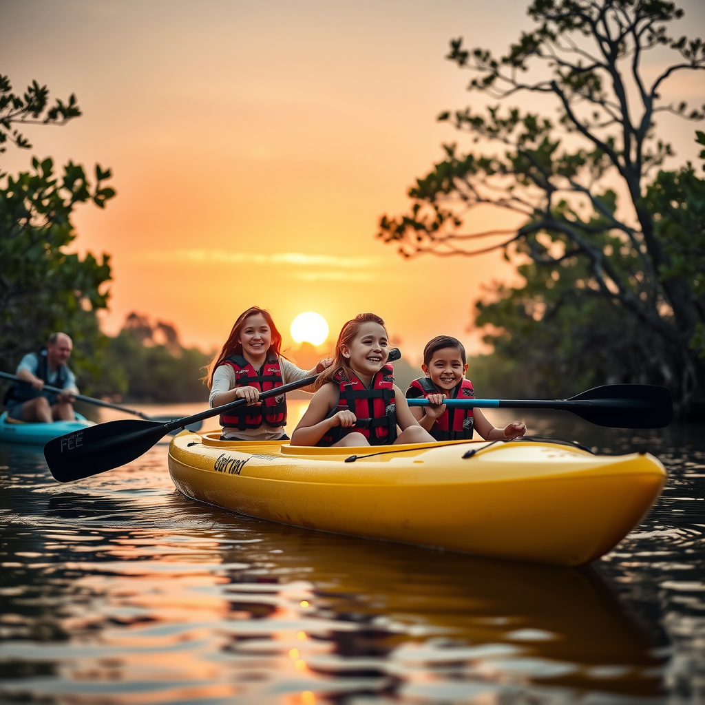 Family in tandem kayak paddling through mangroves at sunset, parents and children wearing life jackets, smiling and enjoying the experience, guide kayak visible nearby, warm golden light creating peaceful atmosphere