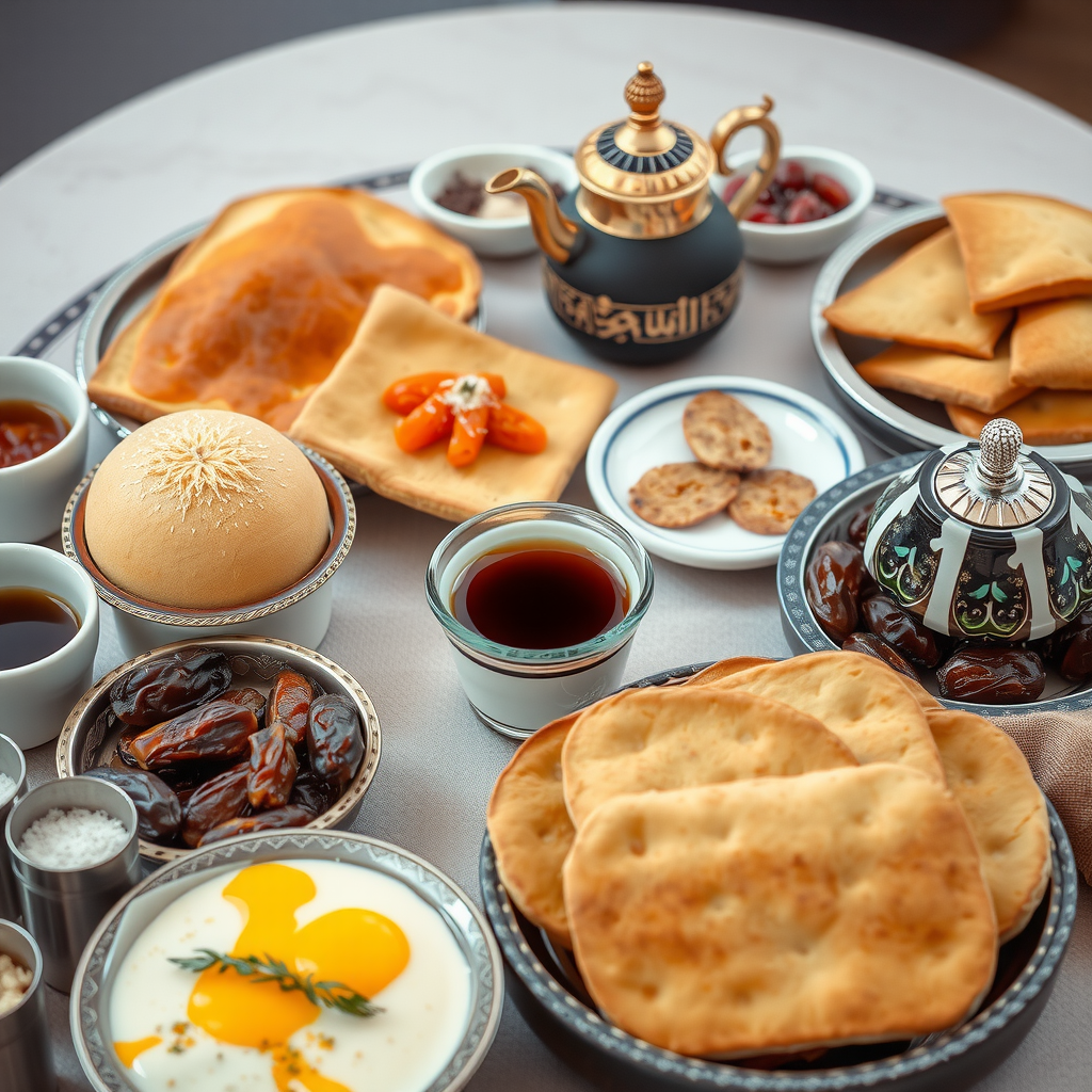 Traditional Emirati breakfast spread including balaleet, chebab, khameer bread, dates, Arabic coffee in dallah pot, and various accompaniments on traditional serving platters