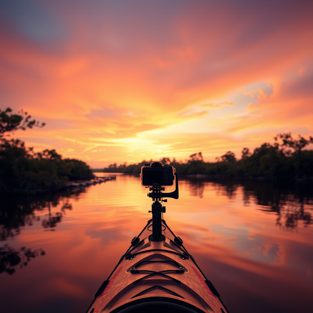 Photographer in kayak taking pictures of sunset through mangroves, camera with waterproof housing, dramatic orange and pink sky reflected in calm water, silhouetted mangrove trees framing the scene